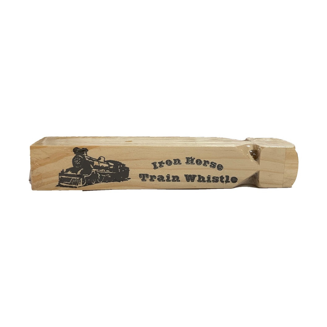 Wooden train whistle with "Iron Horse Train Whistle" printed on the side.
